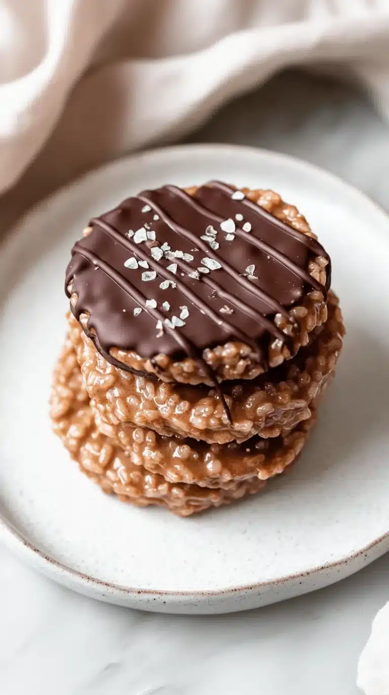 Stack of peanut butter chocolate rice cakes drizzled with melted chocolate on a white plate.