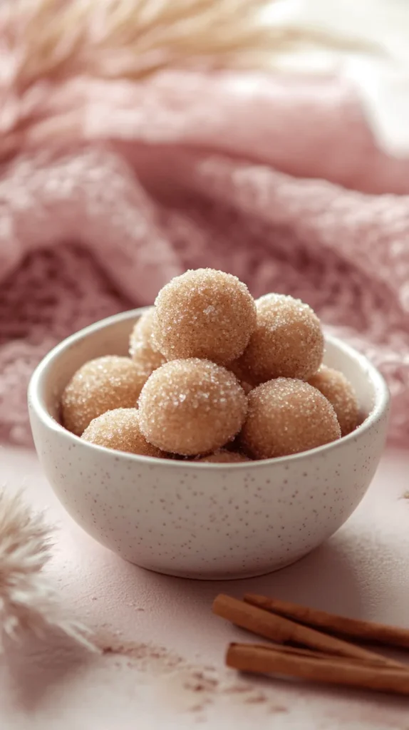 A close-up of air fryer cinnamon sugar donut holes in a white bowl with cinnamon sticks scattered around.
