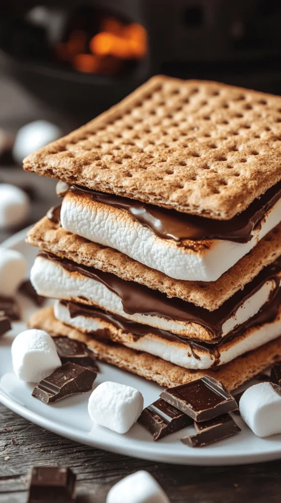 A close-up of gooey air fryer s’mores with toasted marshmallows, melted chocolate, and graham crackers stacked on a plate with extra marshmallows and chocolate chunks.