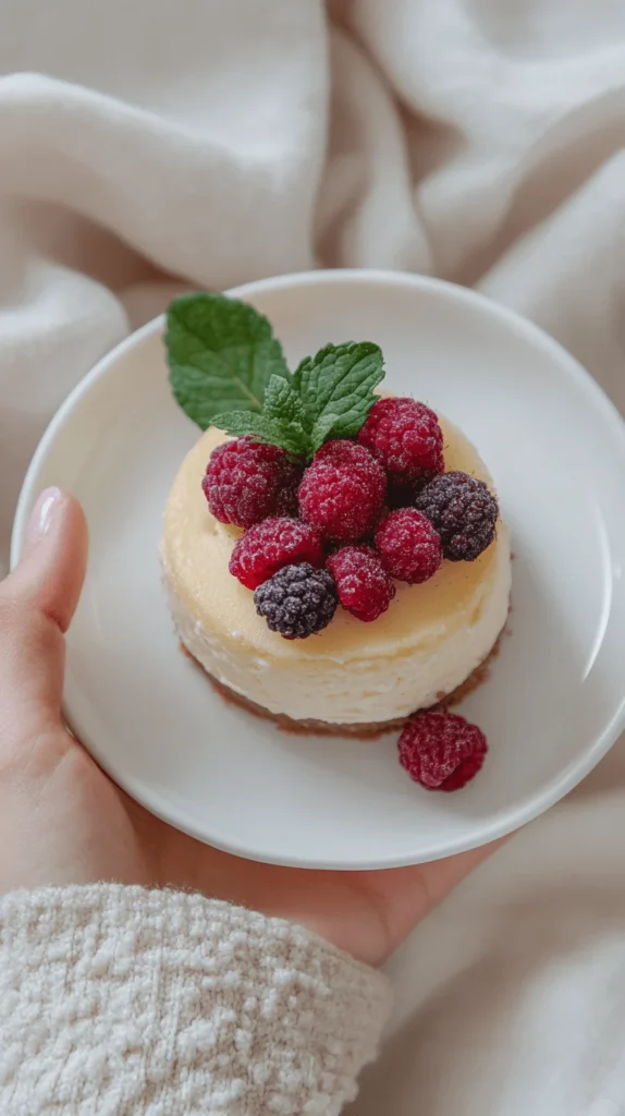 Mini cheesecake baked in air fryer topped with fresh berries.
