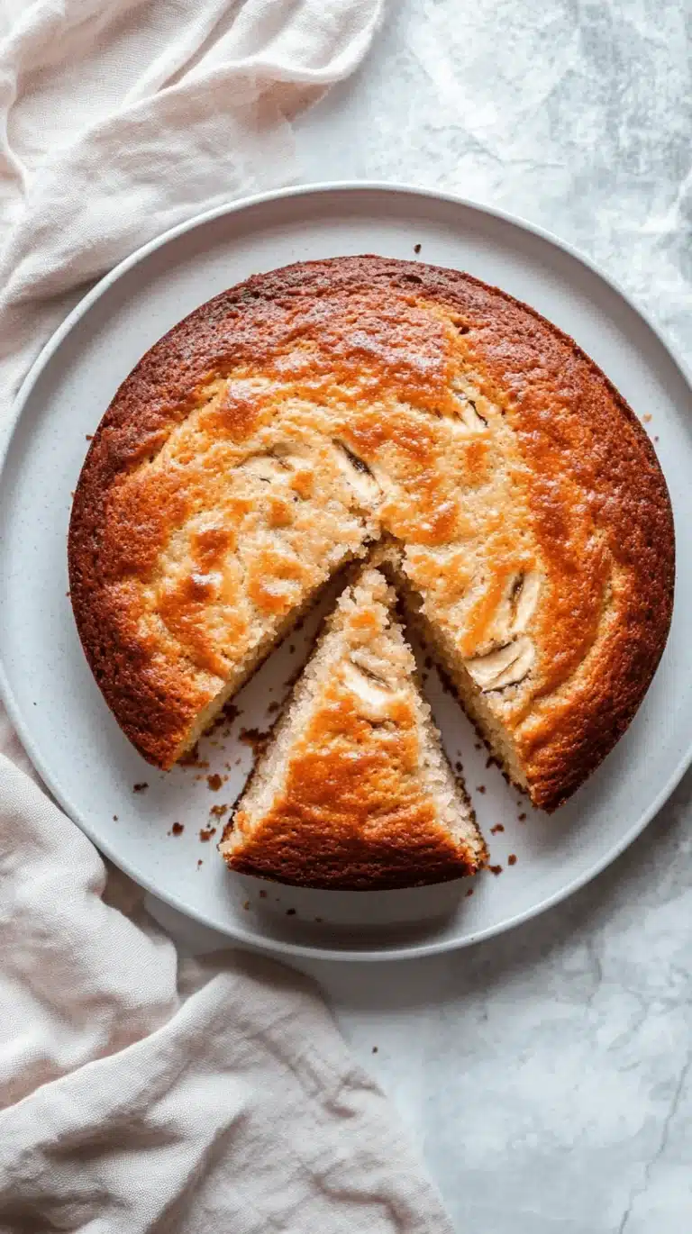 Moist and fluffy air fryer banana cake sliced and styled on a white plate.