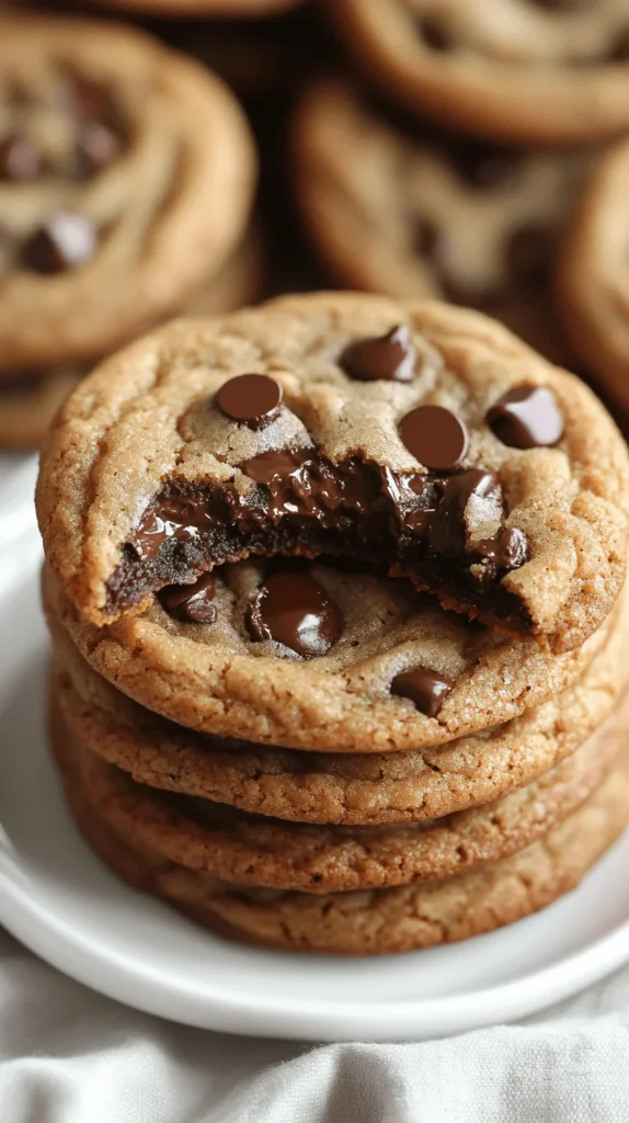 Stack of golden brown air fryer chocolate chip cookies with melted centers.