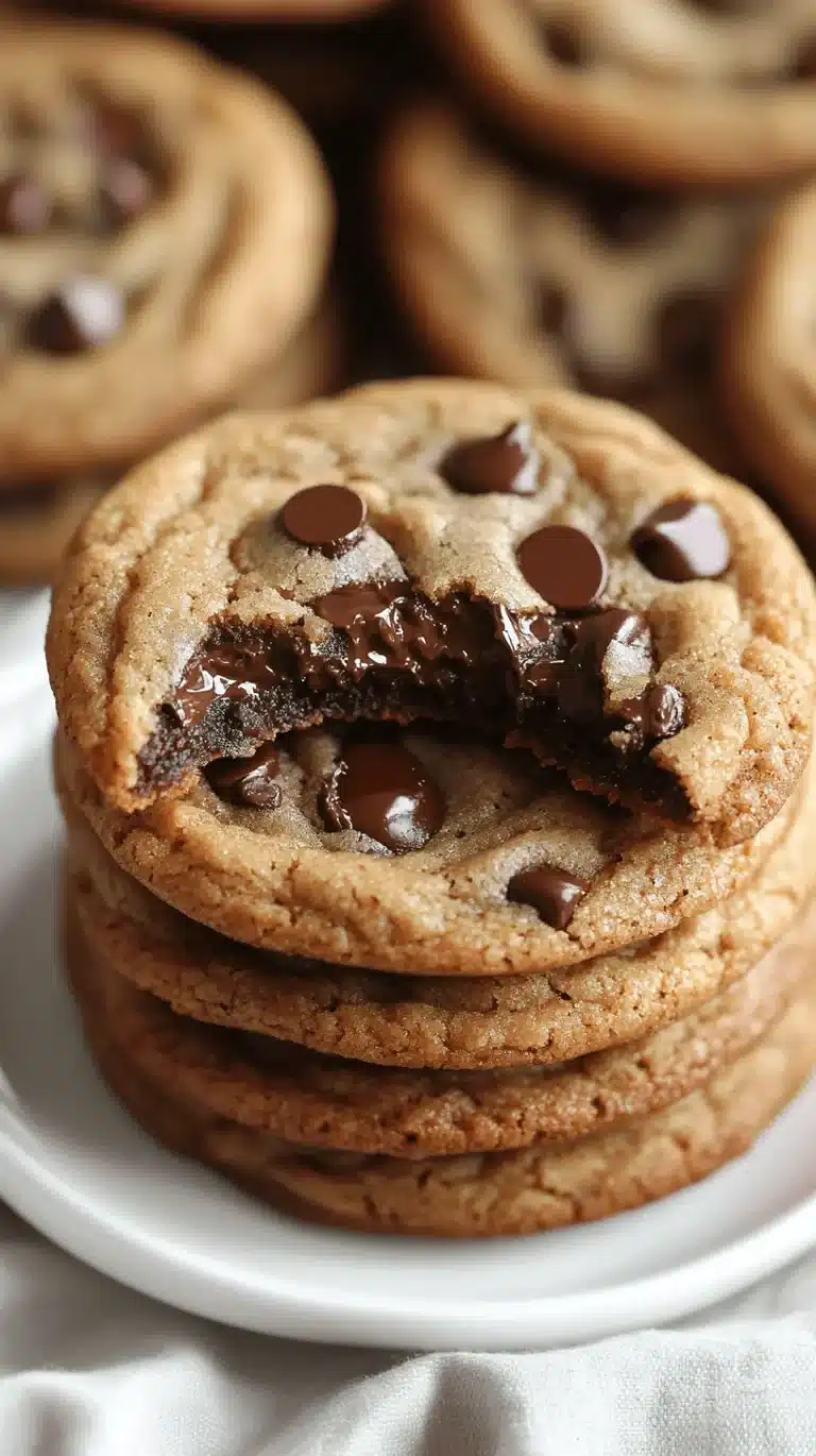 Stack of golden brown air fryer chocolate chip cookies with melted centers.