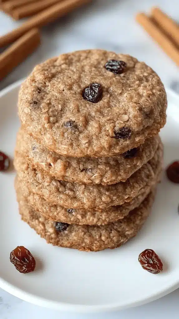 Stack of soft air fryer oatmeal raisin cookies on a white plate.