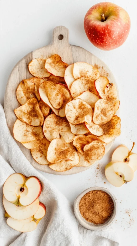 A top-down view of healthy air fryer apple chips arranged on a light wooden board, sprinkled with cinnamon, surrounded by fresh apple slices and a small bowl of spice.