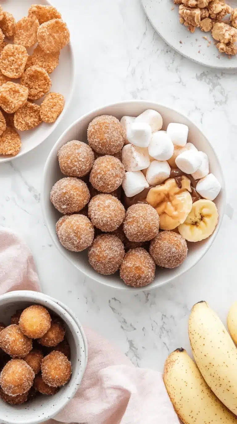 Top-down flat lay of 3-ingredient air fryer desserts including donut holes, apple chips, s’mores, and banana bites on a white background.