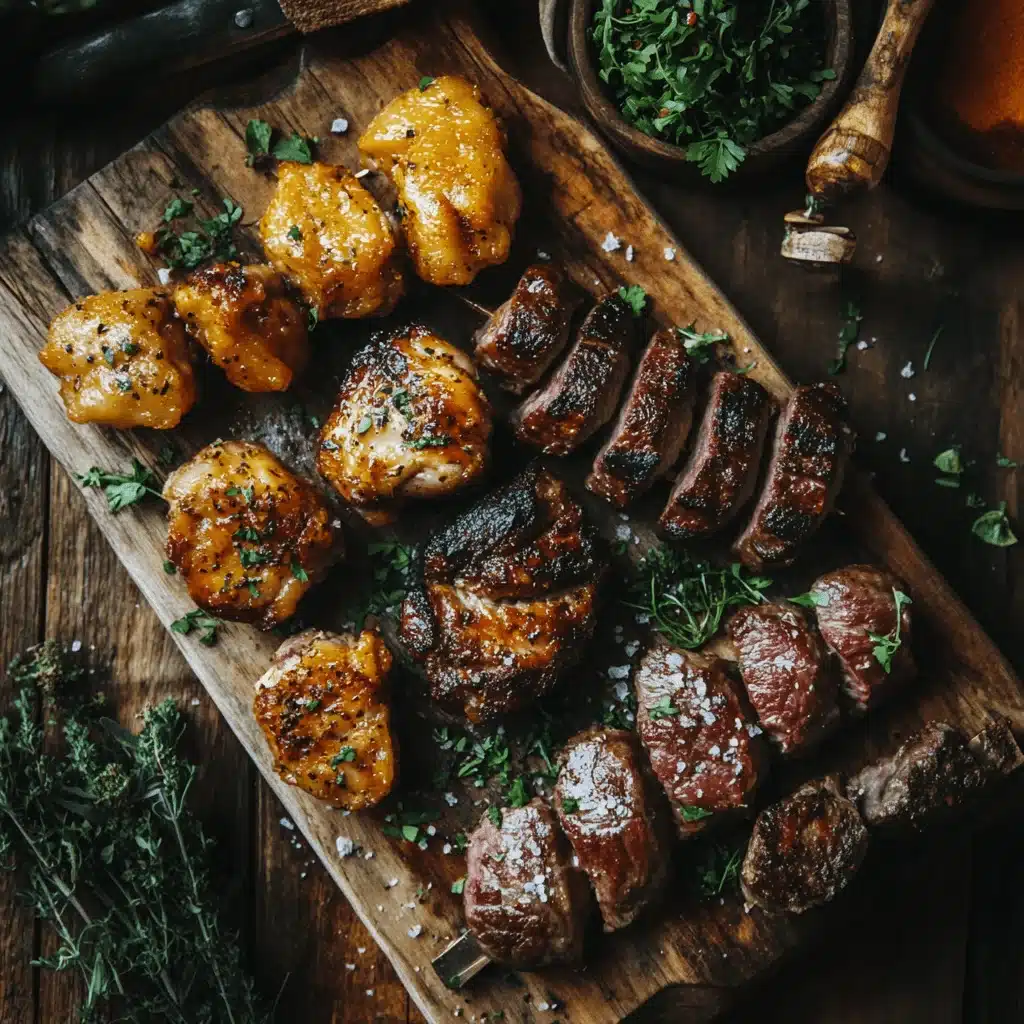 Airfried chicken thigh and beef skewers on a wooden board with herbs