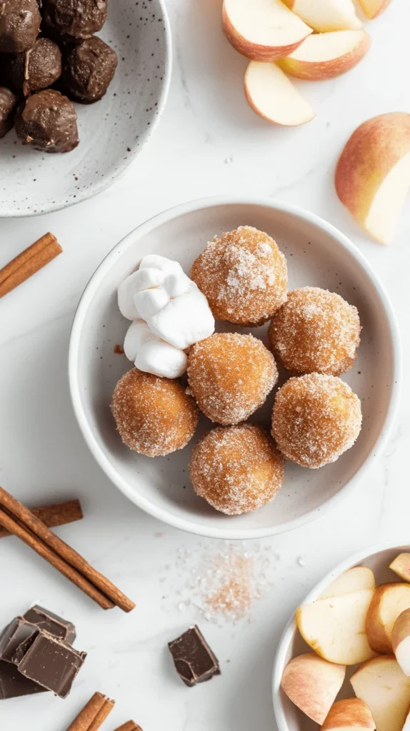 A top-down image of cinnamon sugar donut holes, gooey s’mores, and apple chips styled on pastel plates, representing easy air fryer desserts.
