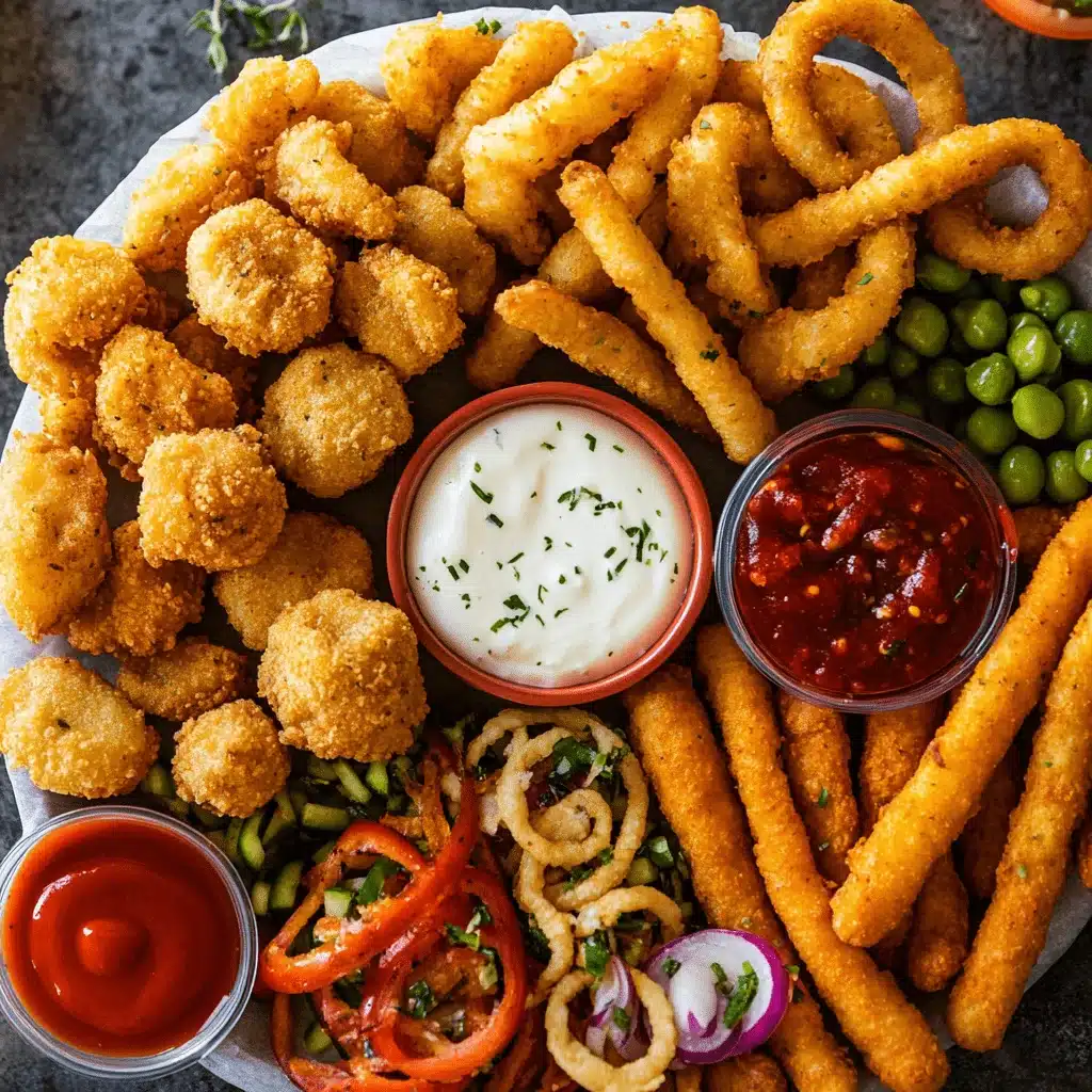 Airfried snacks and appetizers on a platter with dipping sauces