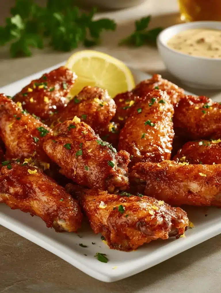 Golden crispy air fryer chicken wings garnished with parsley and lemon zest on a white plate, served with dipping sauce perfect for the best air fryer chicken wing recipes.
