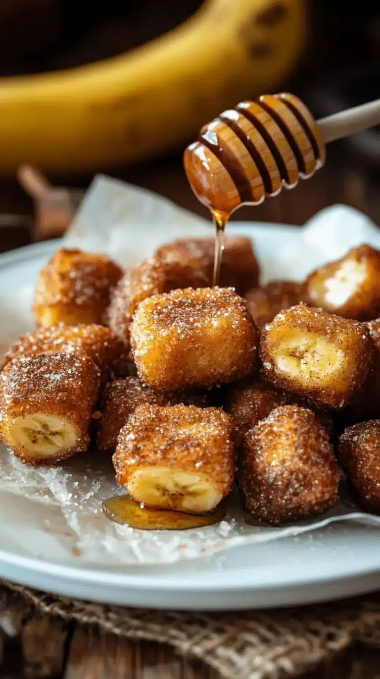 Golden crispy banana bites drizzled with honey on a plate, close-up view.