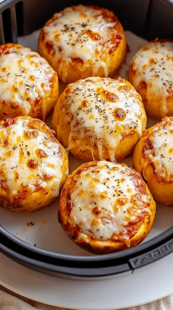 Gooey air fryer pizza bombs with melty cheese and sauce.