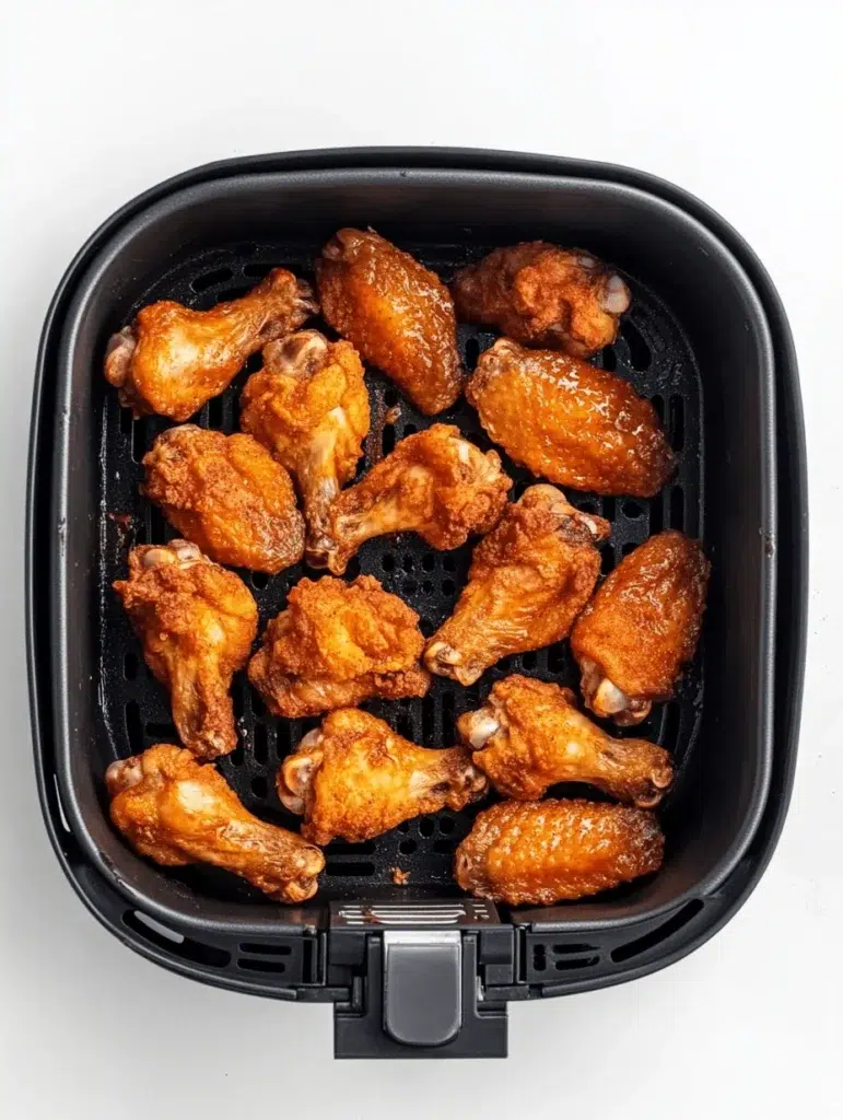 Golden crispy chicken wings in an air fryer basket, perfectly cooked for the best air fryer chicken wing recipes.