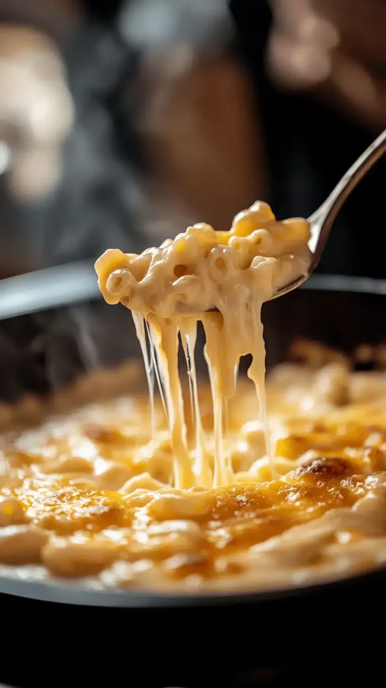 Cheesy scoop of homemade mac and cheese with stretchy melted cheese, the best comfort food recipe