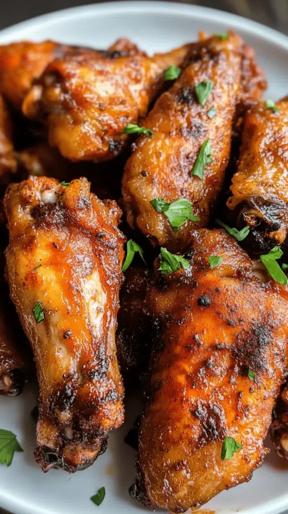 A black plate filled with crispy air fryer chicken wings, garnished with parsley and served with fresh celery and carrots — showcasing the best air fryer chicken wing recipes.
