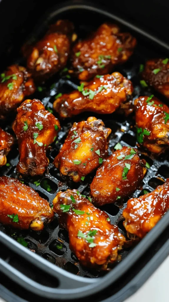 Crispy glazed wings in an air fryer basket for the best air fryer chicken wing recipes.