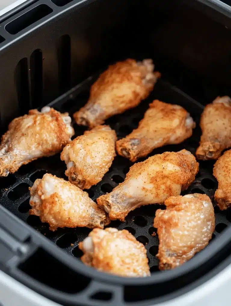 Crispy, golden-brown chicken wings cooked in an air fryer, highlighting one of the best air fryer chicken wing recipes.