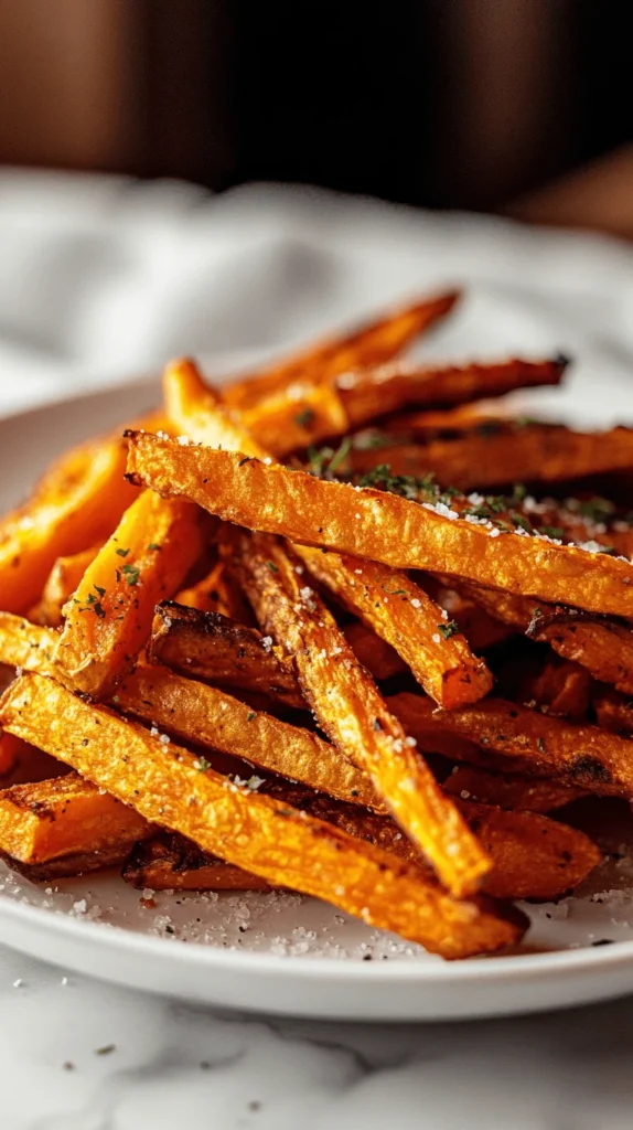Golden crispy sweet potato fries stacked on a white plate, perfect for pairing with the best air fryer chicken wing recipes.