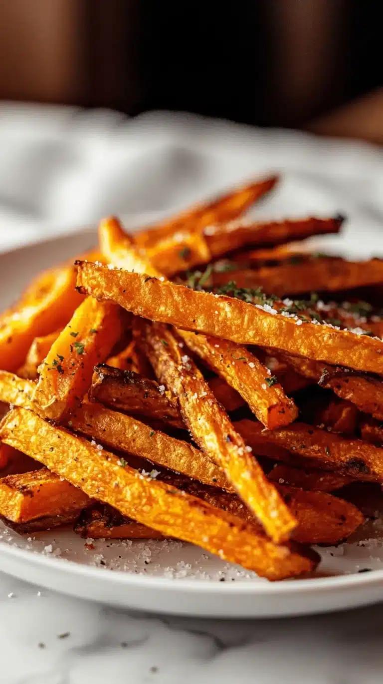 Golden crispy sweet potato fries stacked on a white plate, perfect for pairing with the best air fryer chicken wing recipes.