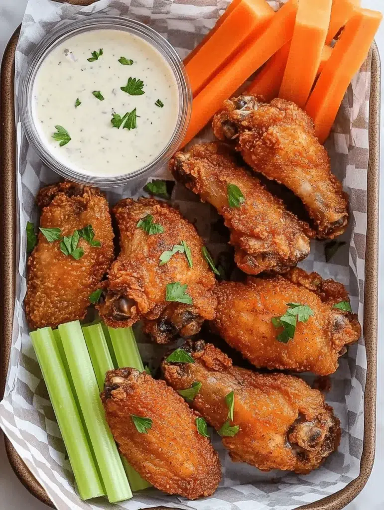 A tray of crispy golden air fryer chicken wings with ranch dip, celery, and carrot sticks, showcasing the best air fryer chicken wing recipes.