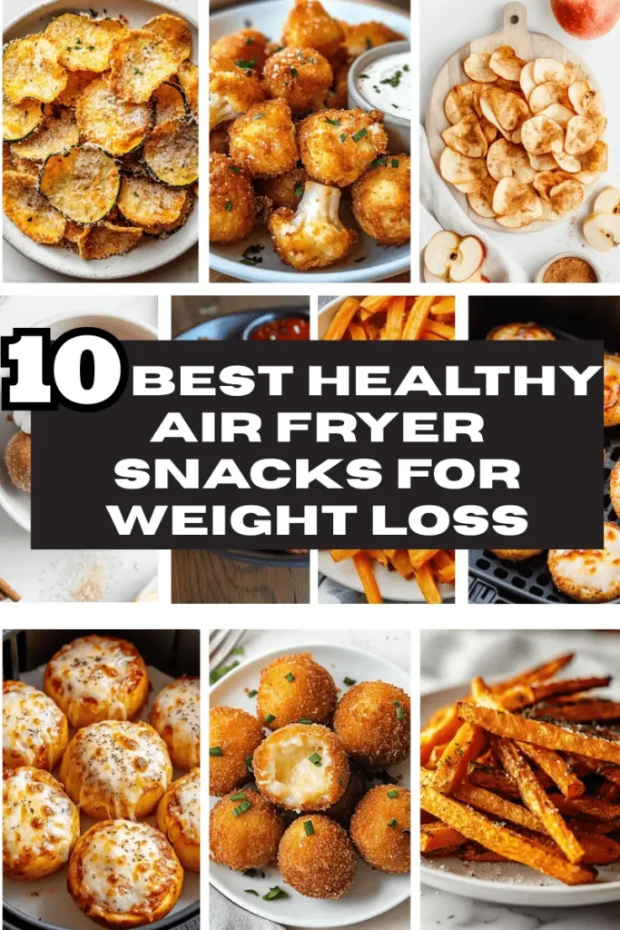 10 best healthy air fryer snacks for weight loss including zucchini chips, cauliflower bites, apple chips, and sweet potato fries