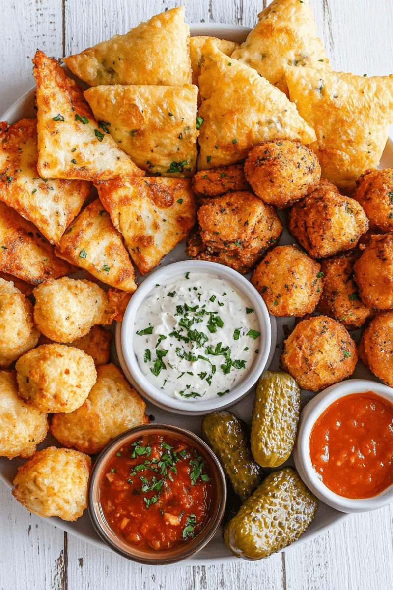 A delicious assortment of the best air fryer snacks like pizza bombs, stuffed pickles, and flatbread
