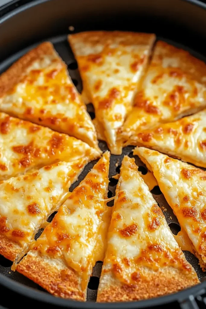Air Fryer Cheesy Tortilla Garlic Bread served hot and crispy on a board