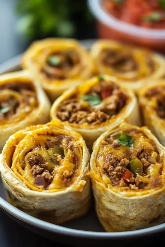 Cheesy taco pinwheels in air fryer with crispy golden edges