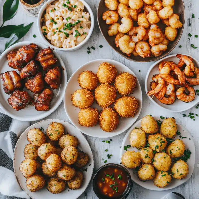 “Flat lay of trending air fryer foods: potato bombs, coconut shrimp, smashed gnocchi, bacon-wrapped pickles”