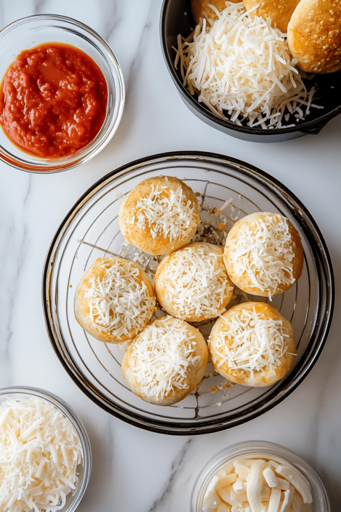 Ingredients for making crispy bagel bites in the air fryer, including bagels, pizza sauce, shredded cheese, and toppings.