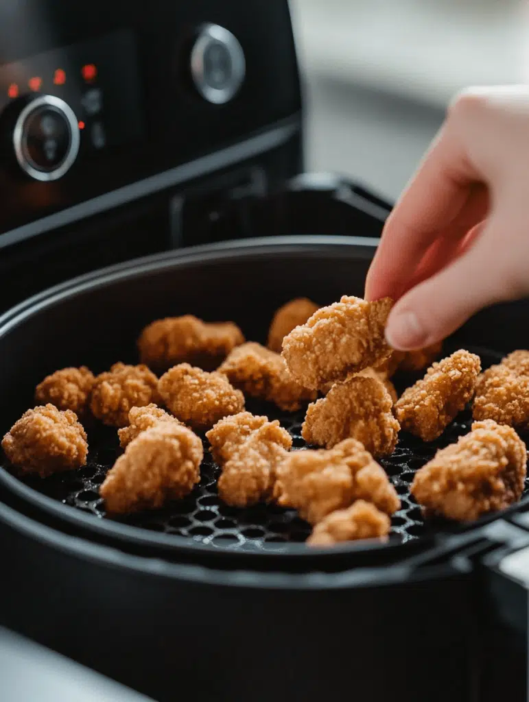 Dino nuggets being placed in an air fryer basket.