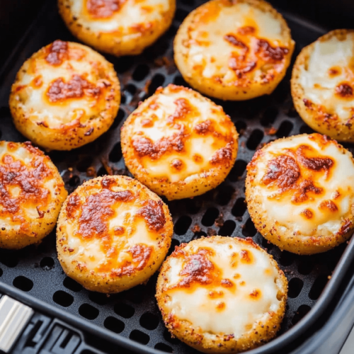 Crispy bagel bites cooked in an air fryer, topped with melted cheese, served hot and golden brown.