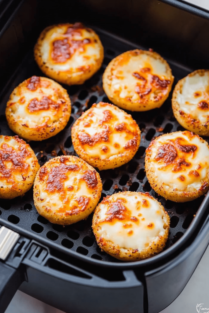 Crispy bagel bites cooked in an air fryer, topped with melted cheese, served hot and golden brown.