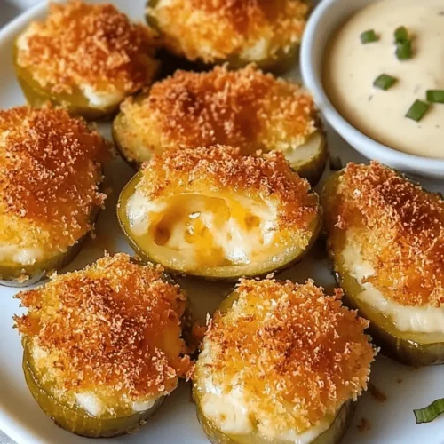 Crispy air fryer stuffed pickles with melted cheese inside