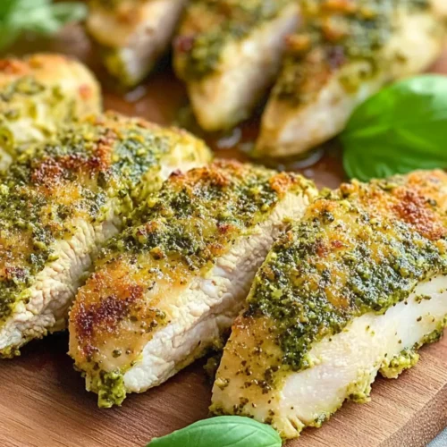 Air Fryer Pesto Chicken served crispy with golden pesto crust and fresh basil