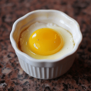 Crack one egg into the ramekin. Do not stir.