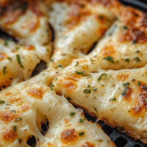 crispy air fryer cheesy tortilla garlic bread close up