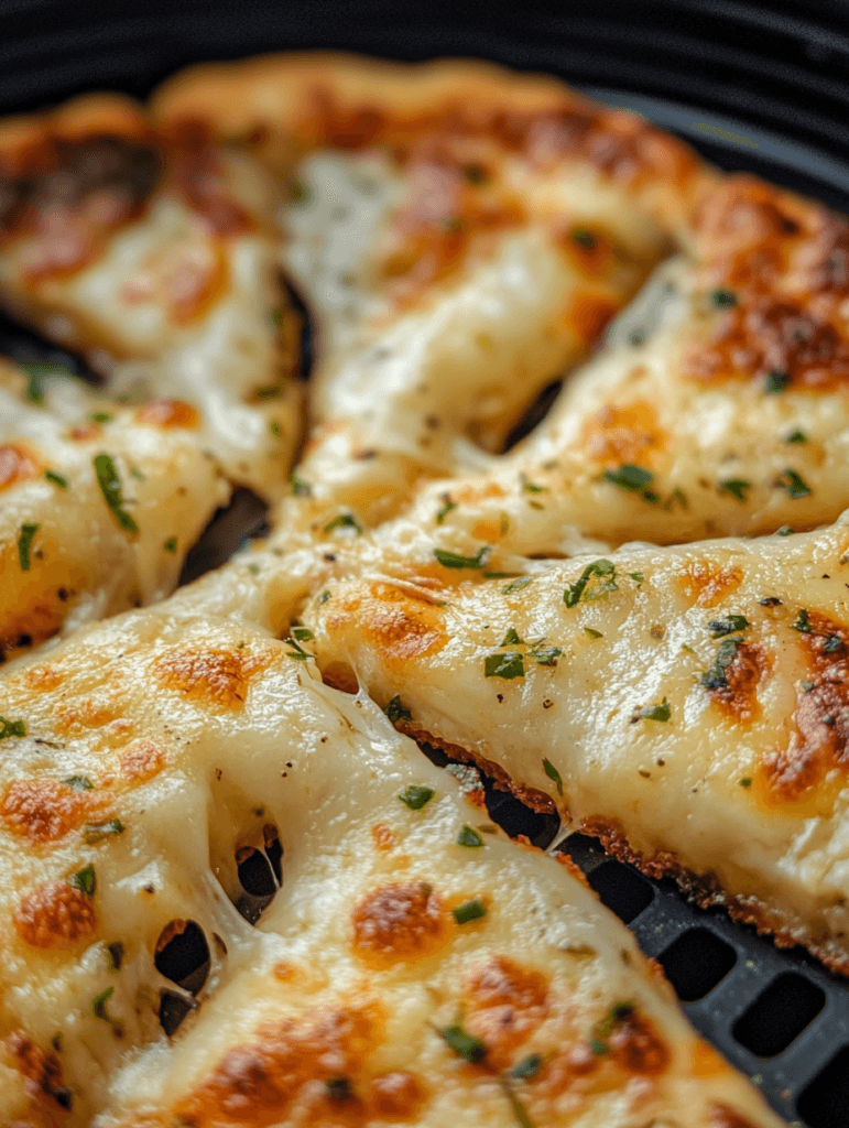 crispy air fryer cheesy tortilla garlic bread close up