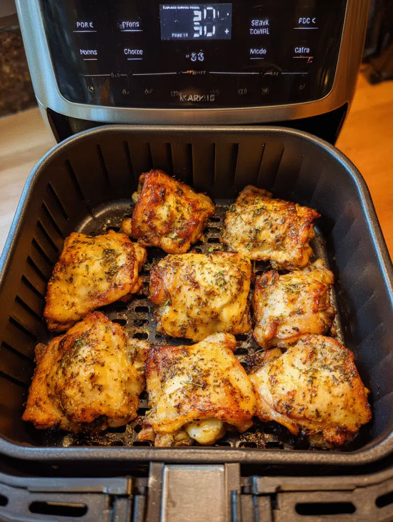 Chicken thighs cooking in air fryer basket