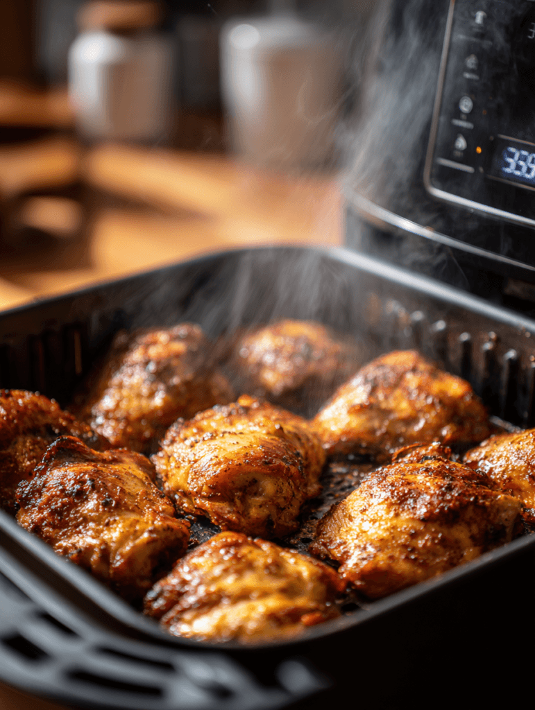 Marinated chipotle honey chicken thighs cooking in an air fryer basket at 390°F.