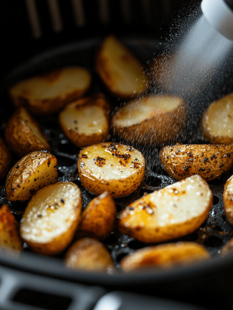 Spraying oil on air fryer potatoes
