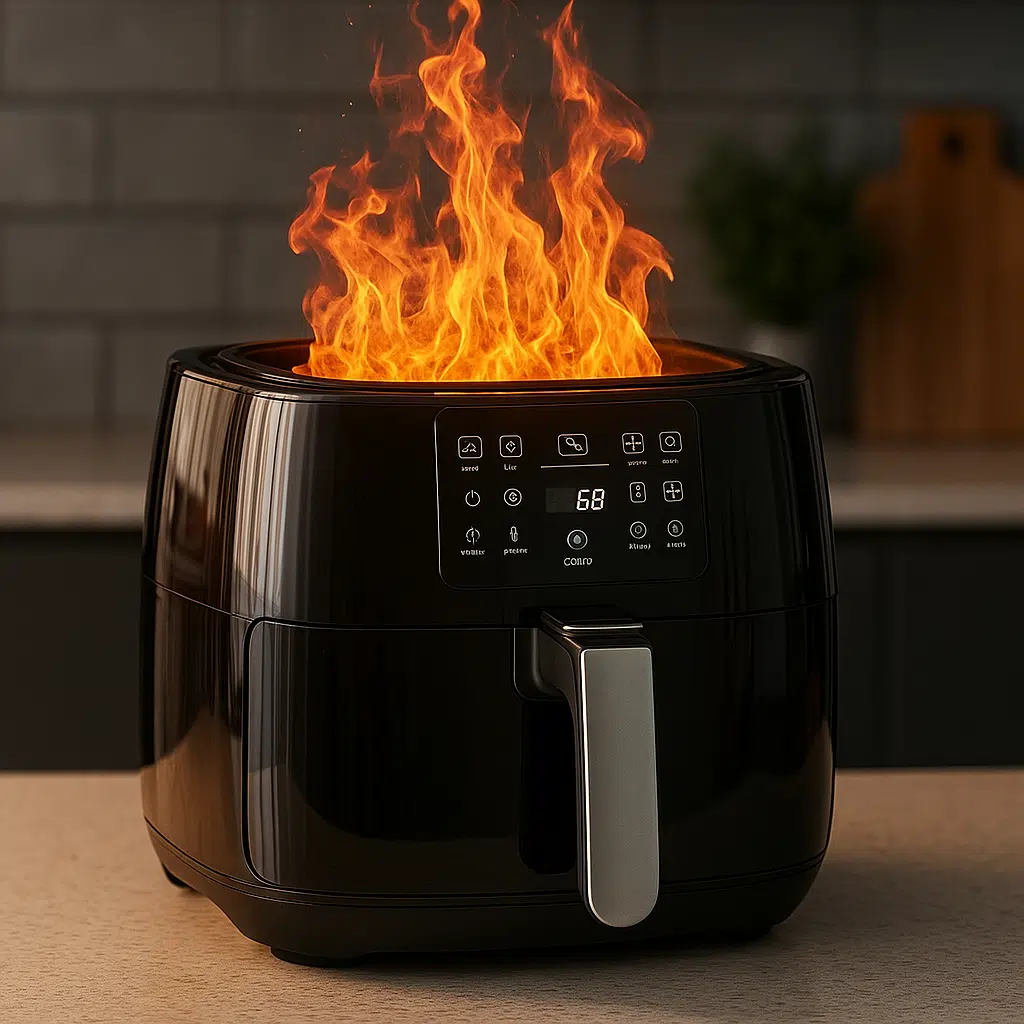 A modern air fryer with flames coming out, placed on a kitchen counter