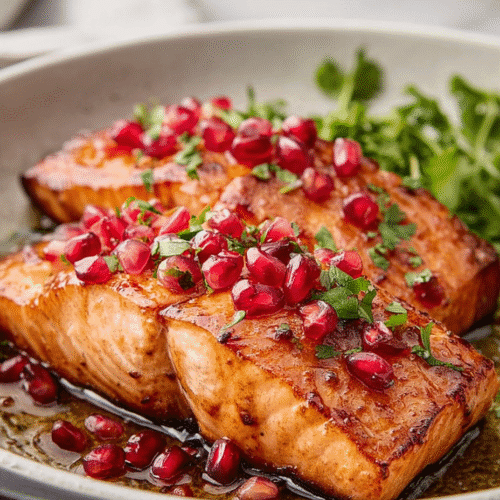 air fryer pomegranate-glazed salmon close-up