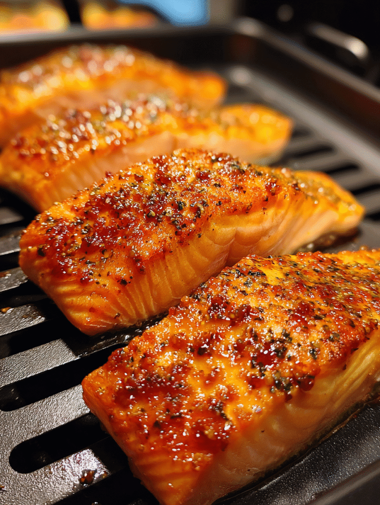 Air fryer salmon fillets marinated in teriyaki glaze