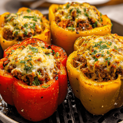 Beef-stuffed bell peppers in air fryer with melted cheese