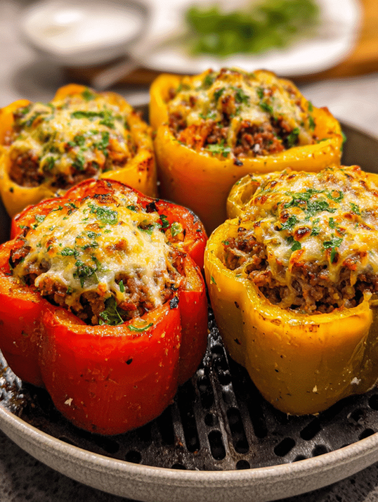 Beef-stuffed bell peppers in air fryer with melted cheese