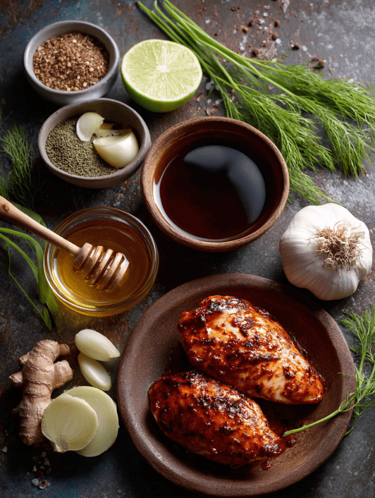 Labeled ingredients for chipotle honey chicken recipe: chicken thighs, honey, chipotle, garlic, paprika, and spices