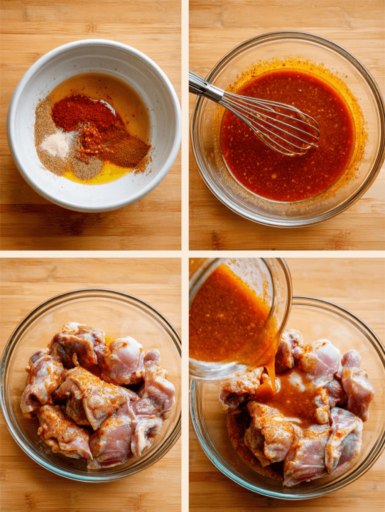 Step-by-step preparation of chipotle honey marinade for chicken, mixing spices, whisking sauce, and pouring over raw chicken in glass container