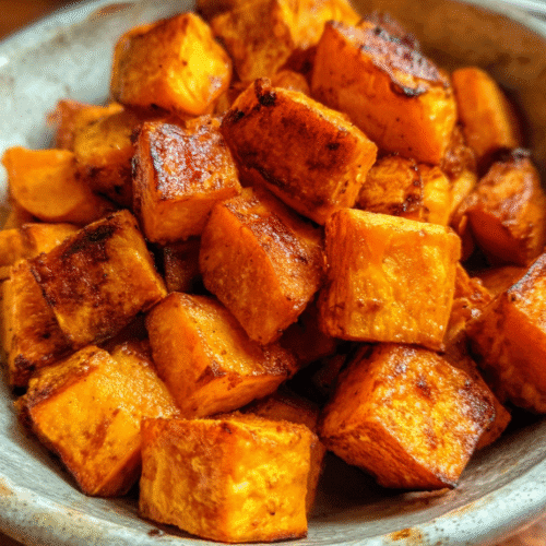Crispy air fryer sweet potato cubes served hot in a bowl