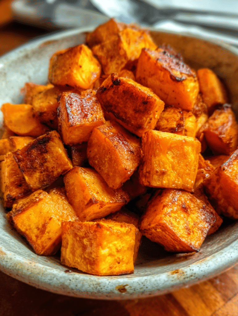 Crispy air fryer sweet potato cubes served hot in a bowl